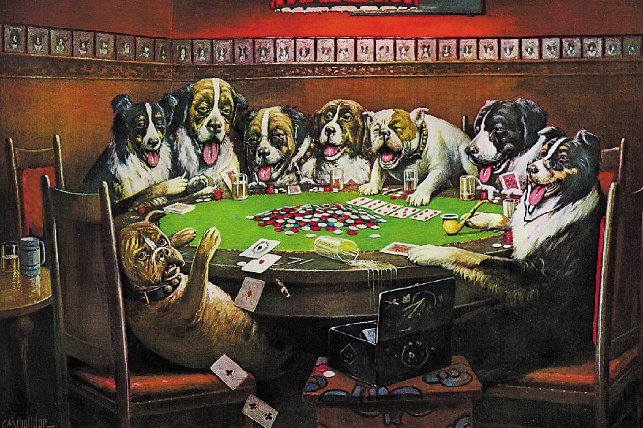 Tapisserie Murale Vintage – Chiens Jouant Au Poker – 68x48 Cm – Fabriquée En Italie