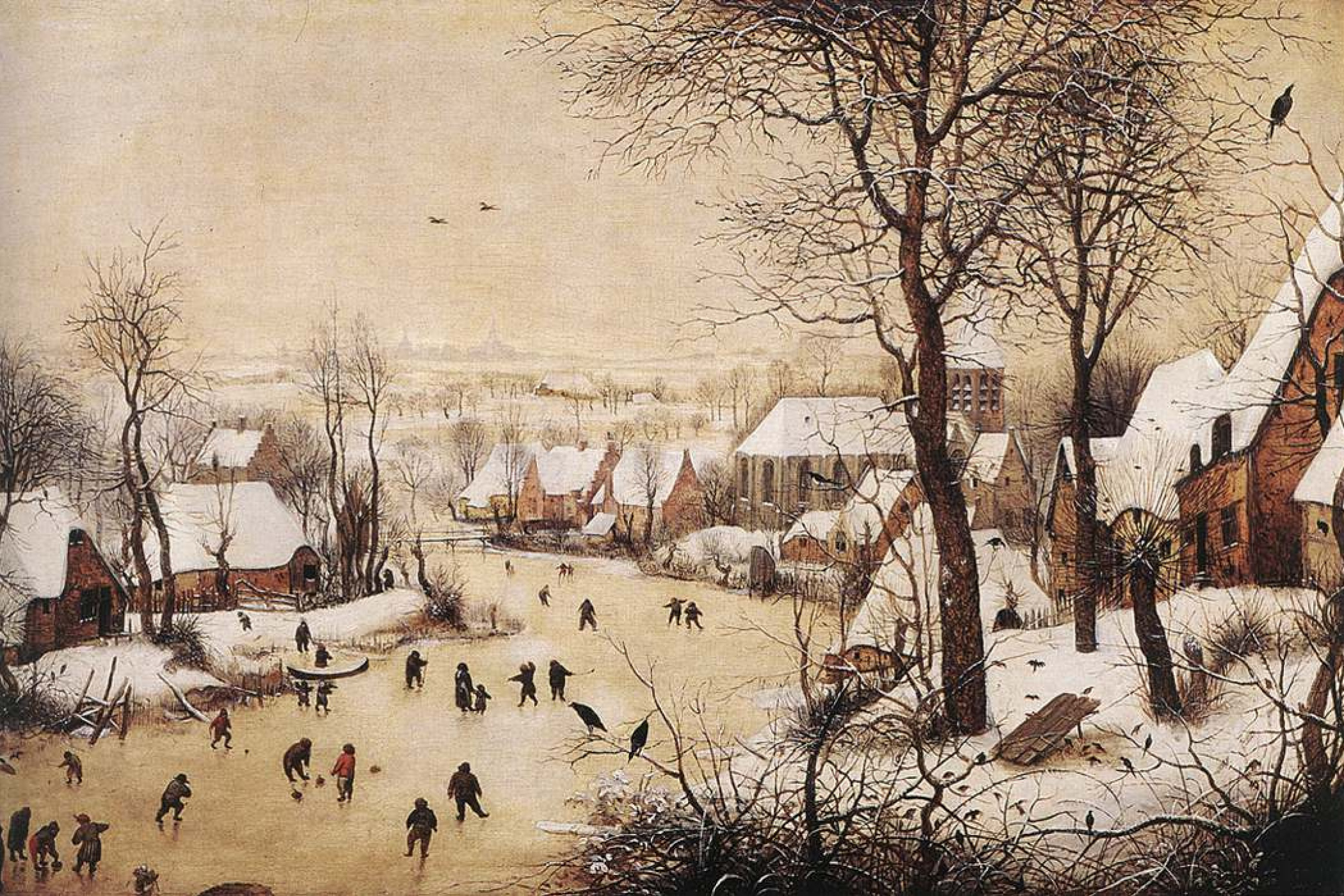 Winter landscape with ice-skating and a trap for birds, 1565, 56