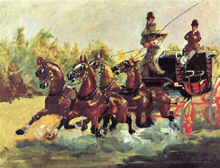 Анри Тулуз-Лотрек — «Граф Альфонс де Тулуз-Лотрек правит упряжкой из четырех лошадей», 1881 г.

Ху