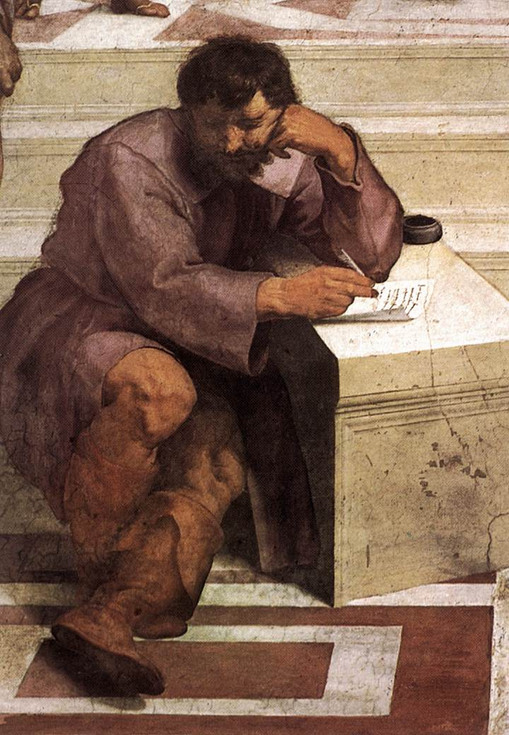 Raphael Sanzio. The stanza della senyatura. The fresco "the school of Athens". Snippet: Michelangelo in the image of Heraclitus of Ephesus