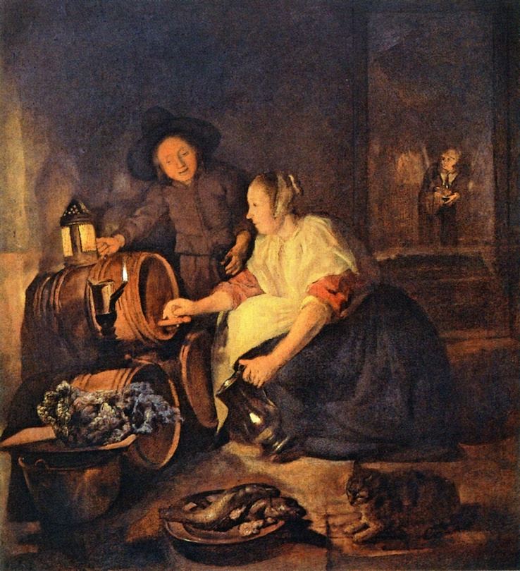 Женщина, наливающая вино из бочки