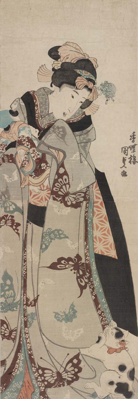 Utagawa Kunisada. Giovane bellezza con una bambola e un gattino