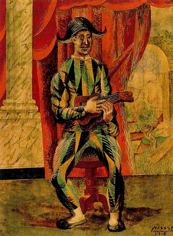 Pablo Picasso. Harlequin with guitar