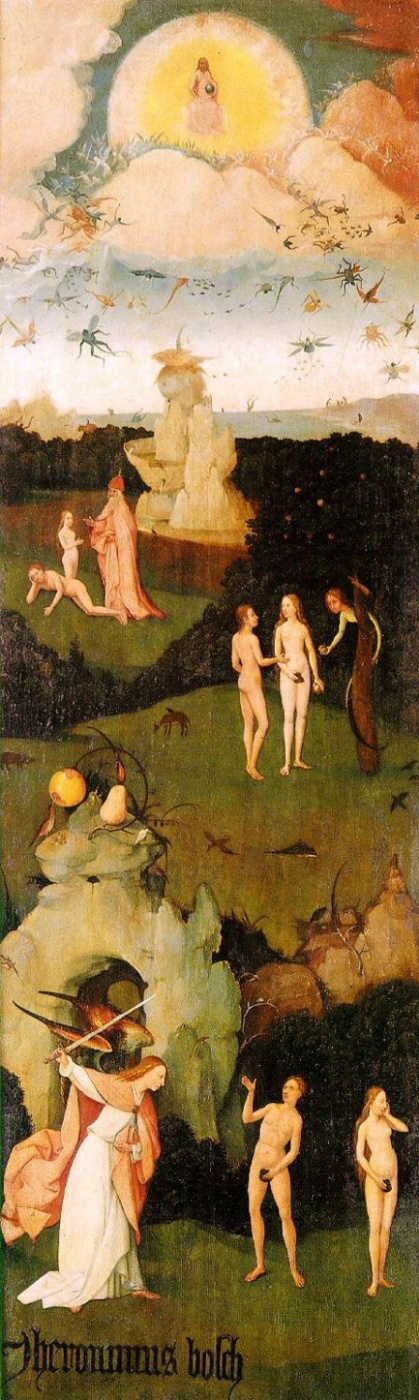 Hieronymus Bosch. The hay-cart. Left wing of a triptych. The expulsion from Paradise