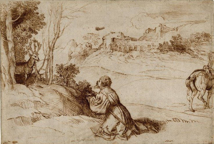 Titian Vecelli. Saint Eustace meets a deer in the woods
