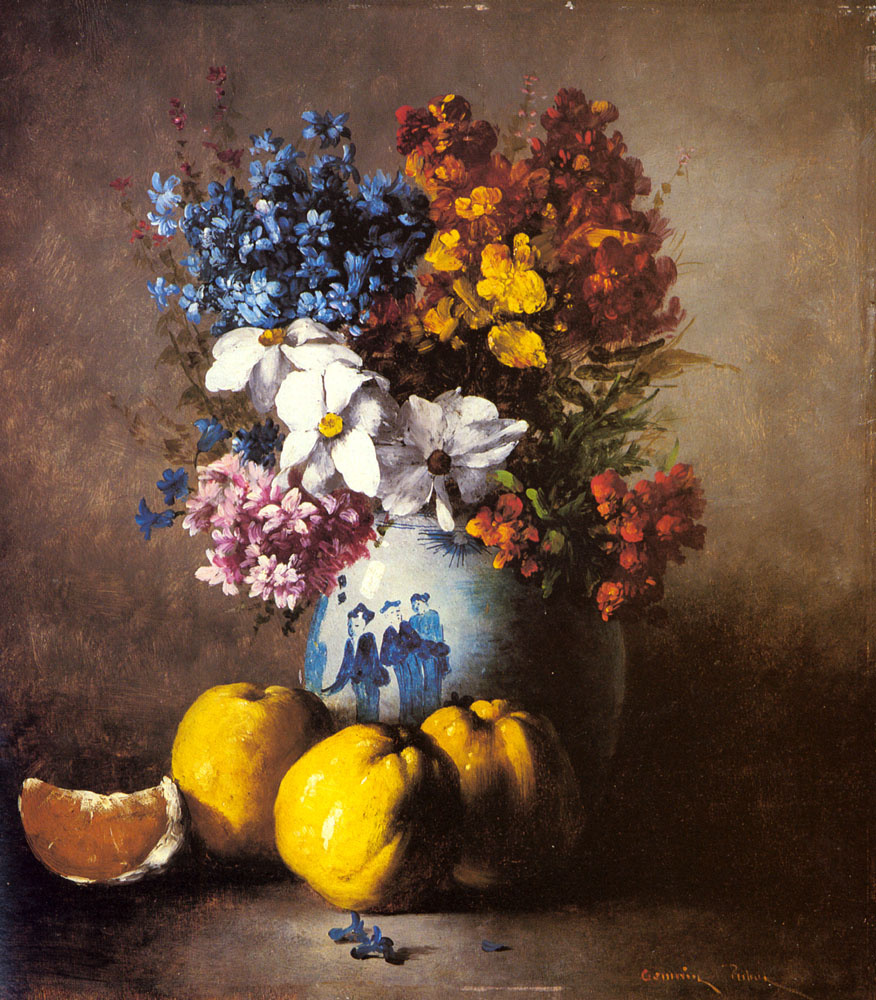 Still Life With A Vase Of Flowers And Fruit By Theodul Augustin