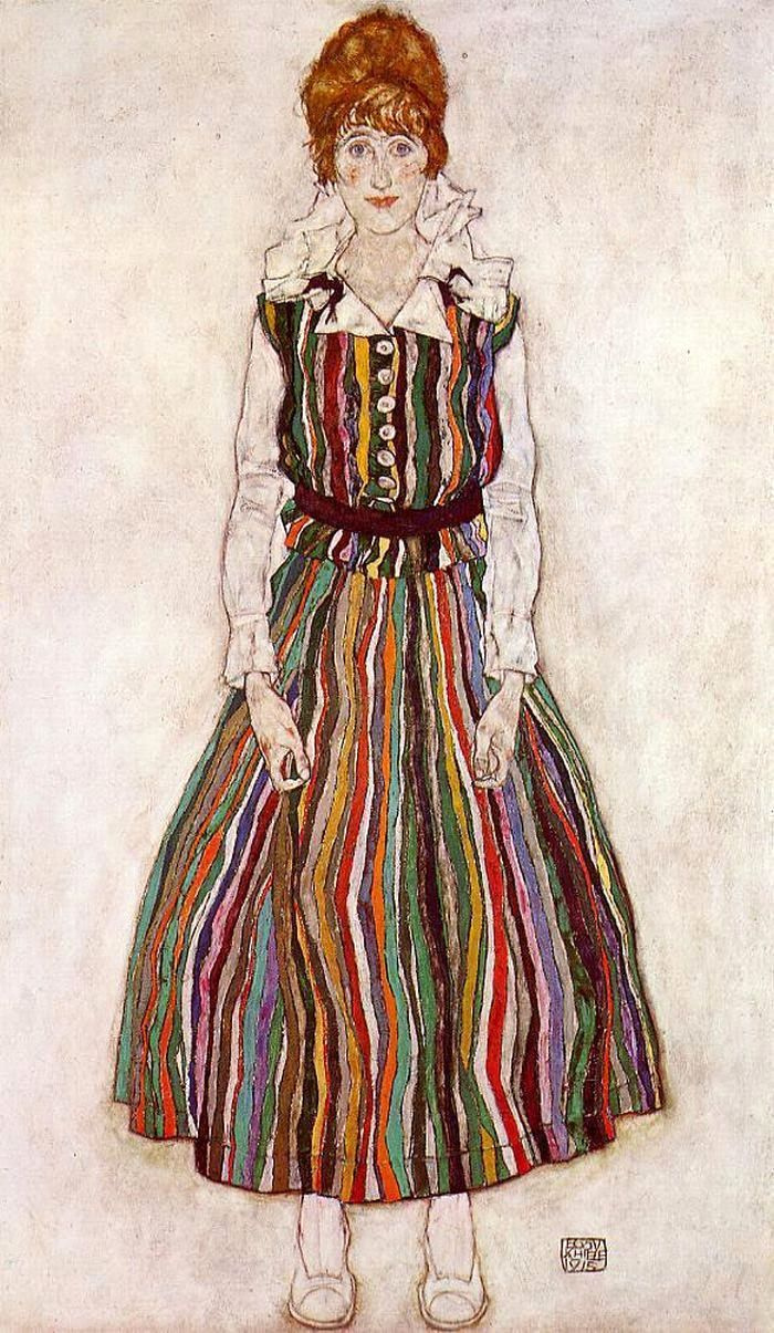 Egon Schiele. Portrait of Edith Schiele in a striped dress