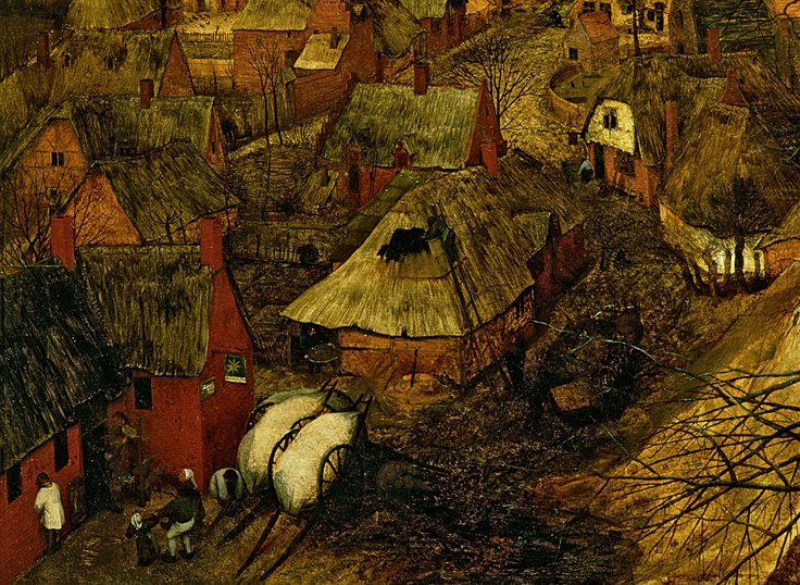 Pieter Bruegel The Elder. Dark day. Cycle "Seasons". February and early spring. Fragment 2. Houses in the village