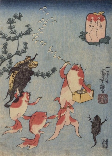 Utagawa Kuniyoshi. Japanische Fischgeschichten: Goldfish Blow Bubbles