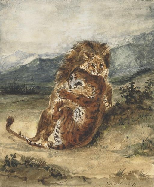 Eugene Delacroix. Fight a lion with a tiger