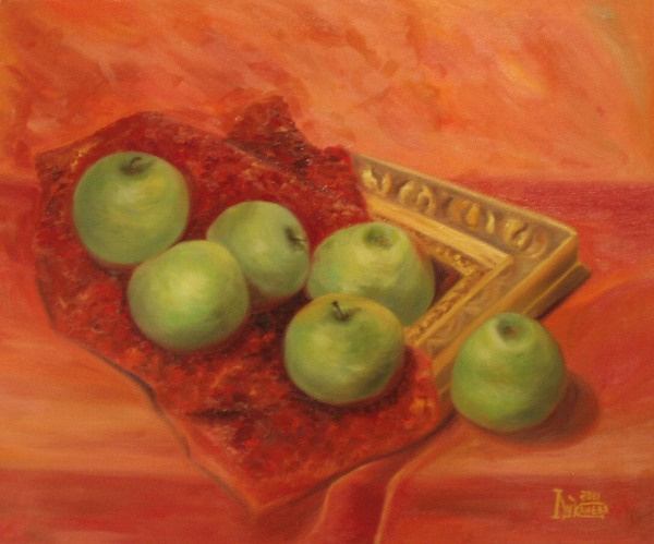 Larissa Lukaneva. Apples on red...