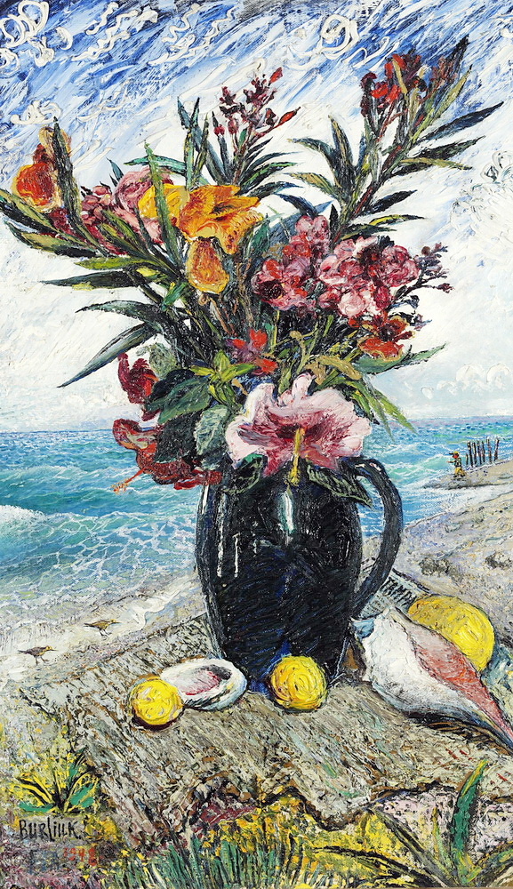Давид Давидович Бурлюк. Натюрморт с цветами на фоне моря
