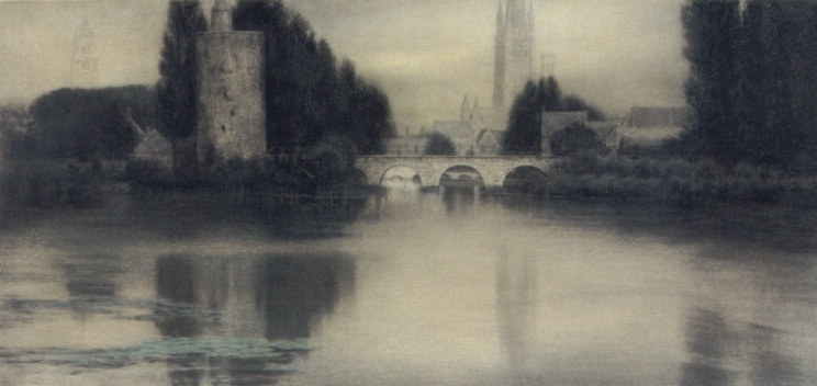 Fernand Knopf. Tower by the lake in Bruges