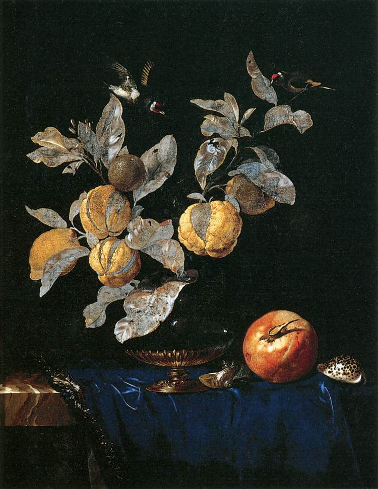 Willem van Aelst. Still life with birds and fruit