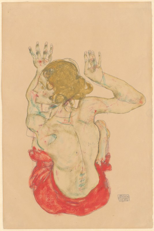 Egon Schiele. Seduto nudo in una gonna rossa, vista dal retro