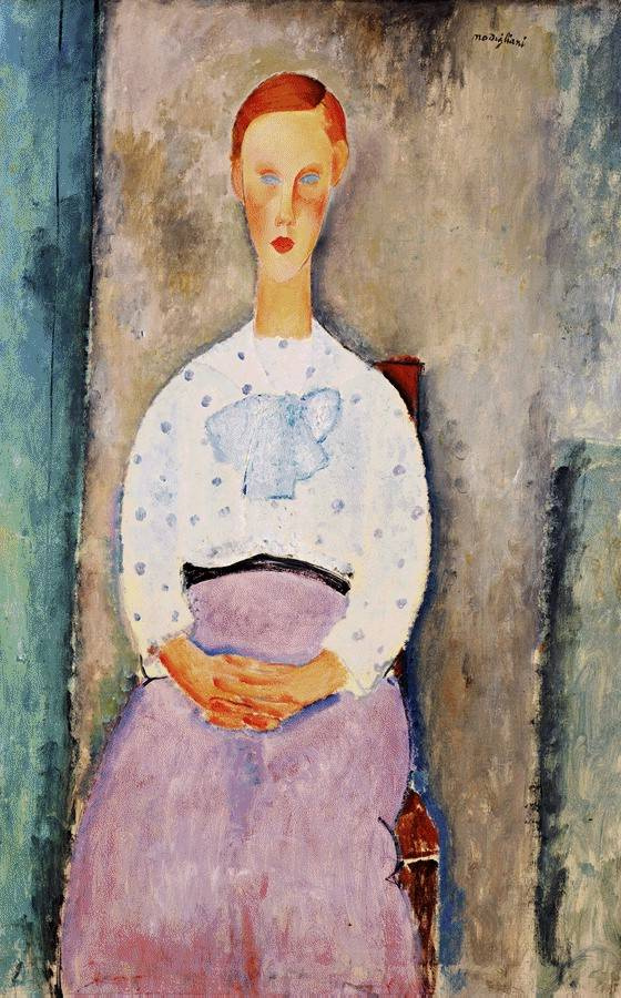 Amedeo Modigliani. Portrait of a seated girl in a blouse in polka dot