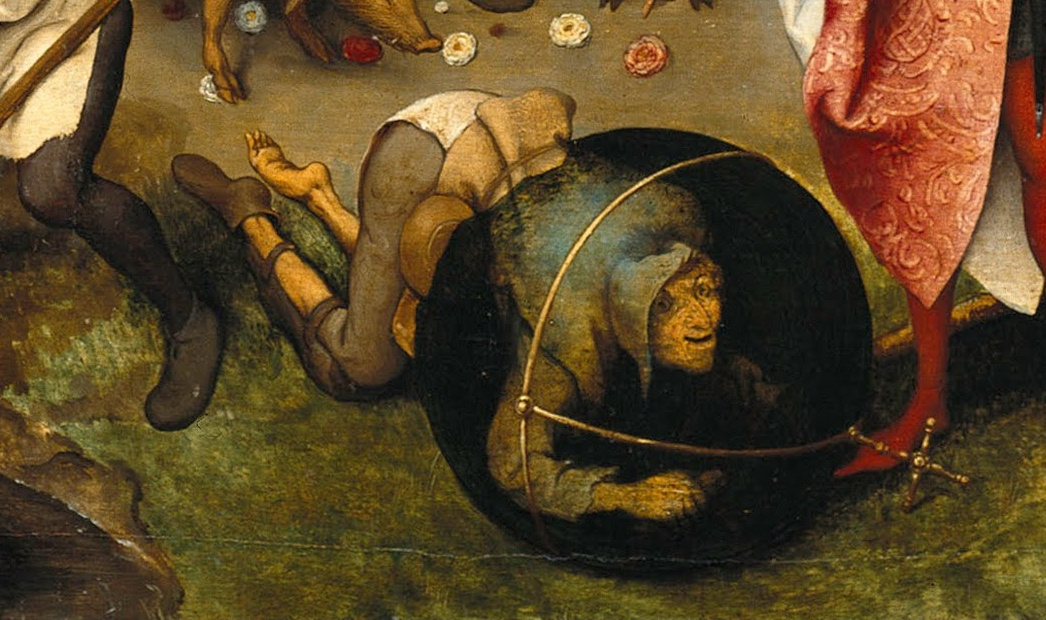Pieter Bruegel The Elder. Flemish proverbs. Fragment: Being forced to stoop to succeed in this world - for success you must be cunning, dishonest