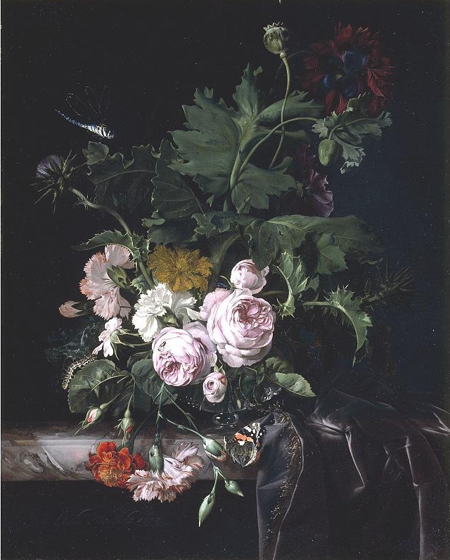 Willem van Aelst. Still life with flowers in a glass vase, a butterfly and a dragonfly