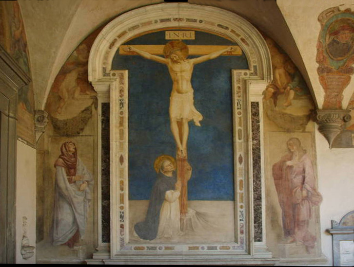 Saint Dominic bowing down to crucifixion. Fresco of the Monastery of San Marco, Florence
