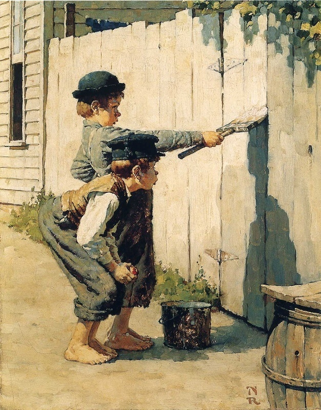 Norman Rockwell. Tom Sawyer paints the fence