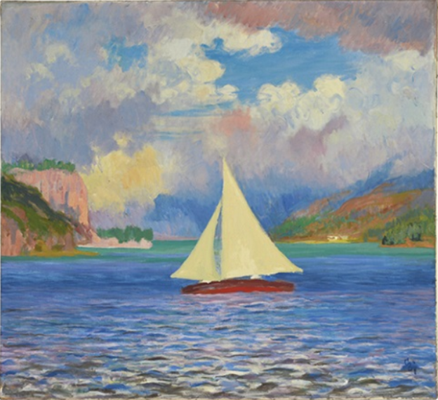 Giovanni Giacometti. Sailboat on lake Sils