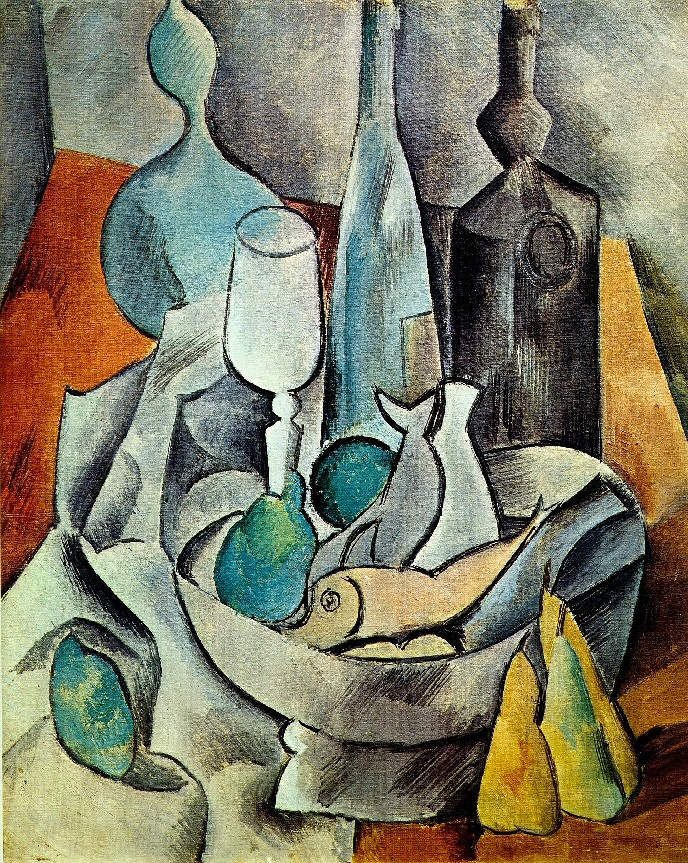 Pablo Picasso. Still life with fish and bottles