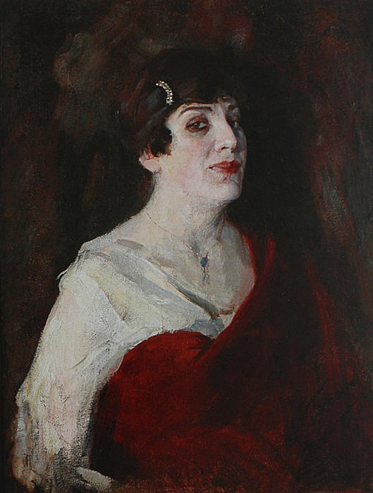 Pavel Petrovich Benkov. The lady in red. Portrait of Actress V. Shmulevich