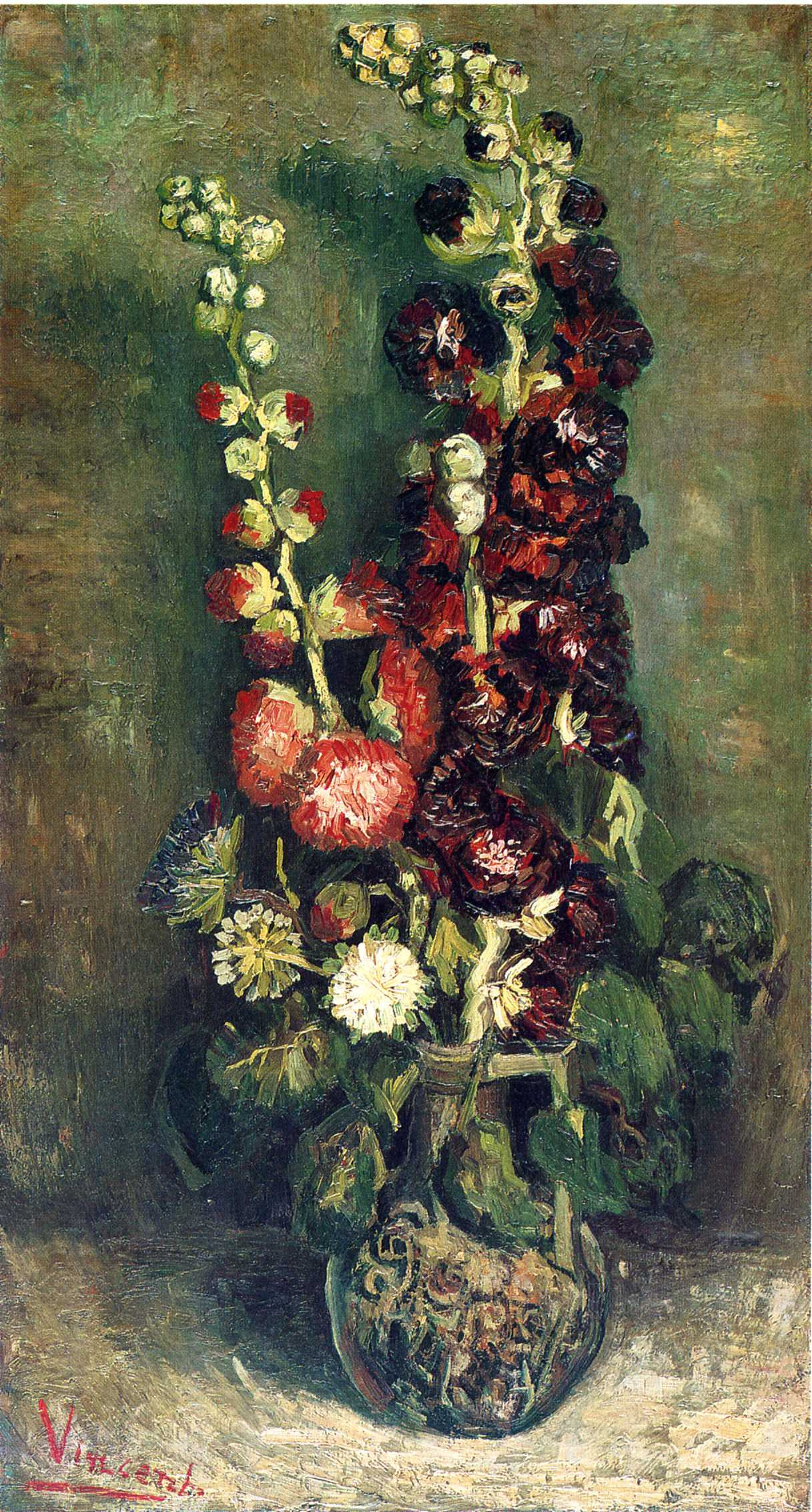 vase with hollyhocks