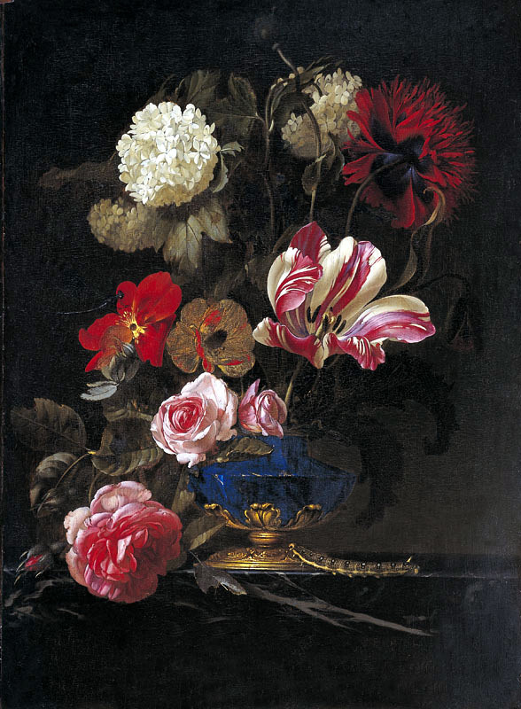 Willem van Aelst. Vase with flowers and a caterpillar