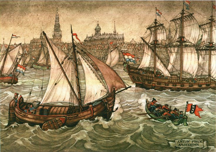 Anton Pieck. Ships off the coast of Amsterdam