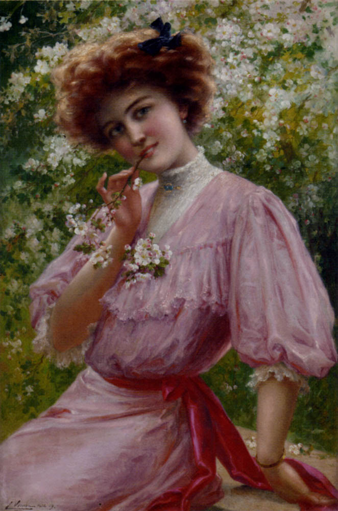 Emile Vernon. Girl in pink with a branch