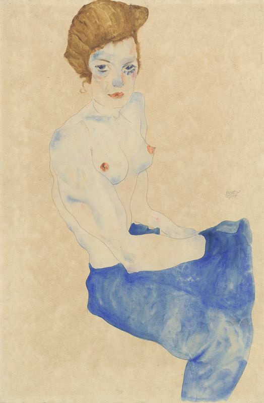 Egon Schiele. Seated woman in a blue skirt with bare torso