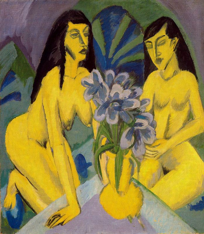 Two naked women with a bouquet of flowers