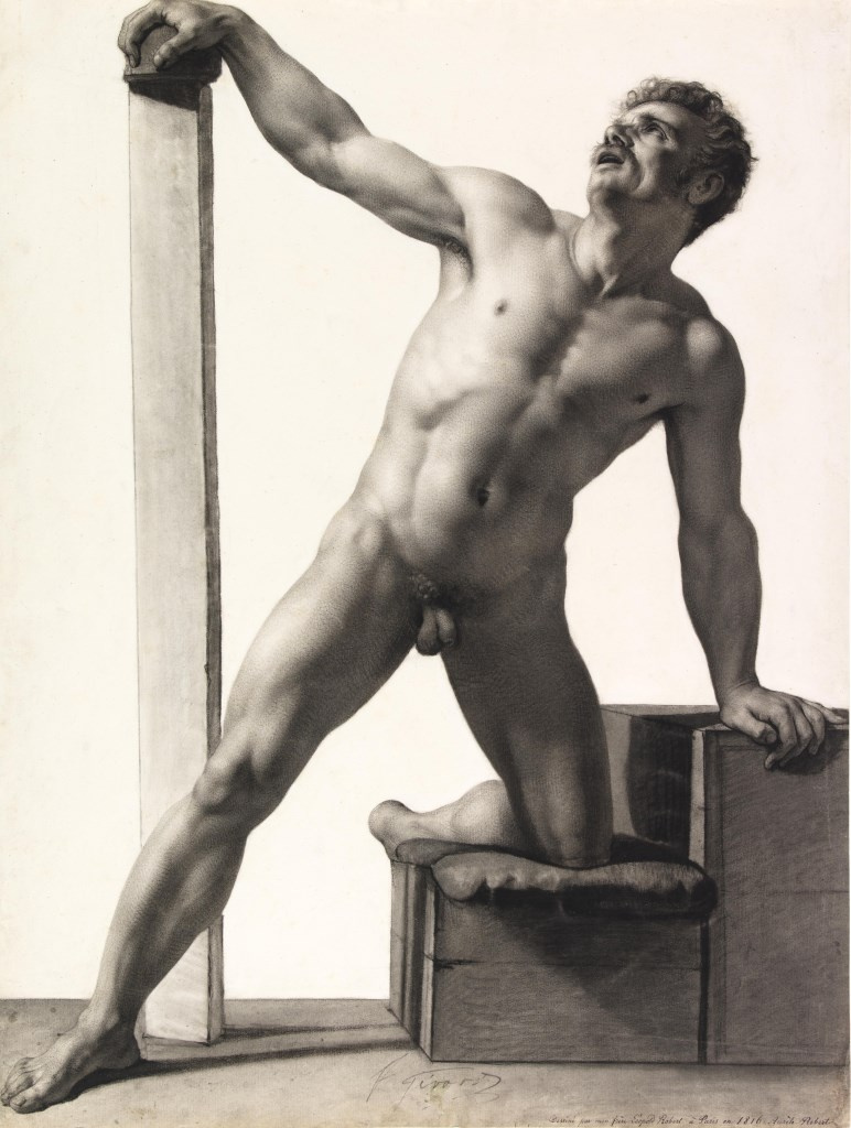 Louis Léopold Robert Naked man, legs spread, right arm resting on a post  and a knee on a cushion. Academy, 1816, 41×60 cm: Description of the  artwork | Arthive