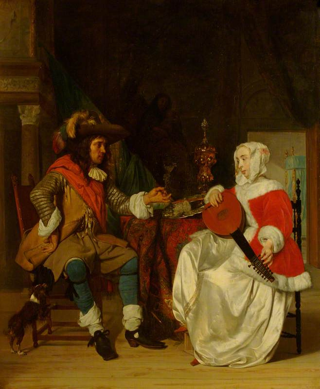 Gabriël Metsu. Tete-a-tete. Girl with a lute and a cavalier