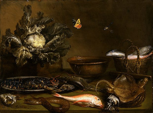 Otto Marceus van Scriec. 与鱼和花椰菜的静物画