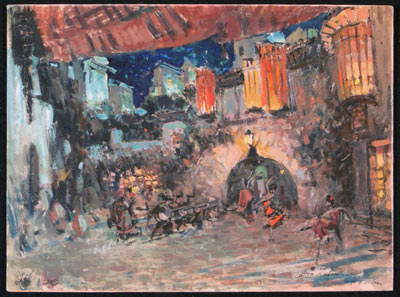 Konstantin Korovin. A sketch of the scenery. The yard of the tavern. Moscow Imperial Bolshoi theatre. "Don Quixote"