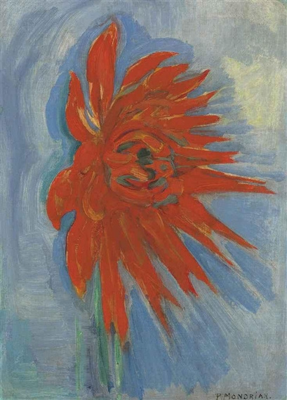 Piet Mondrian. Red chrysanthemum on blue background