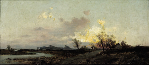 Emil Jacob Schindler. An extensive landscape in evening twilight