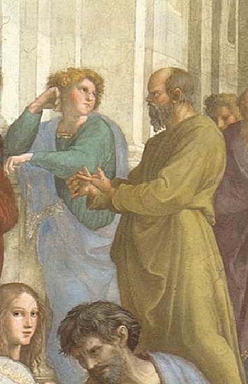 Raphael Sanzio. The stanza della senyatura. The fresco "the school of Athens". Snippet: Aeschines and Socrates