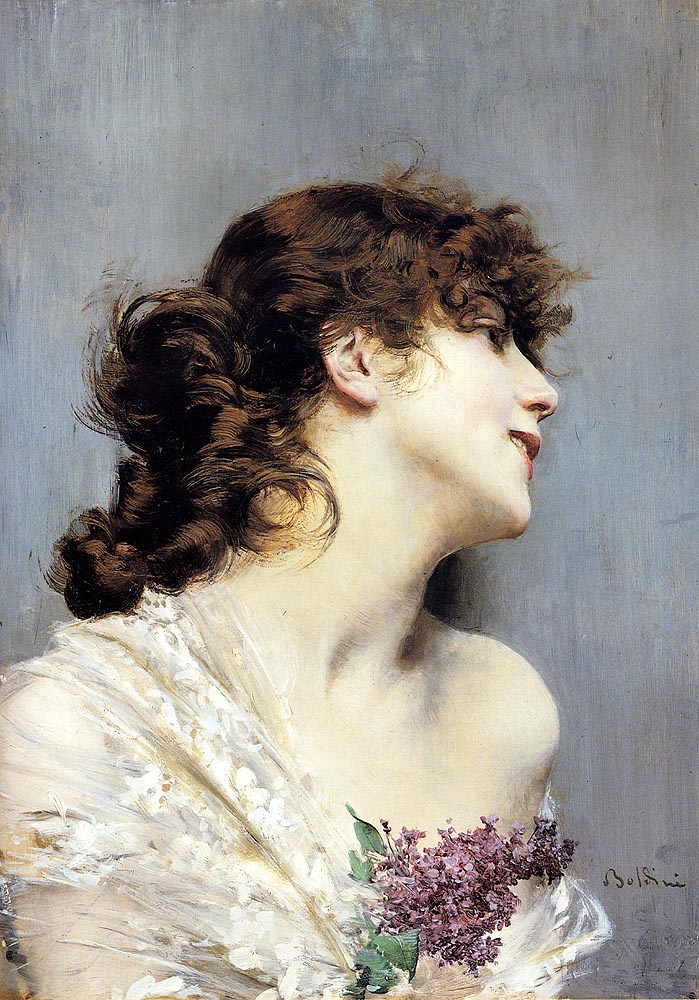 Giovanni Boldini. Portrait of a girl with a branch of lilac