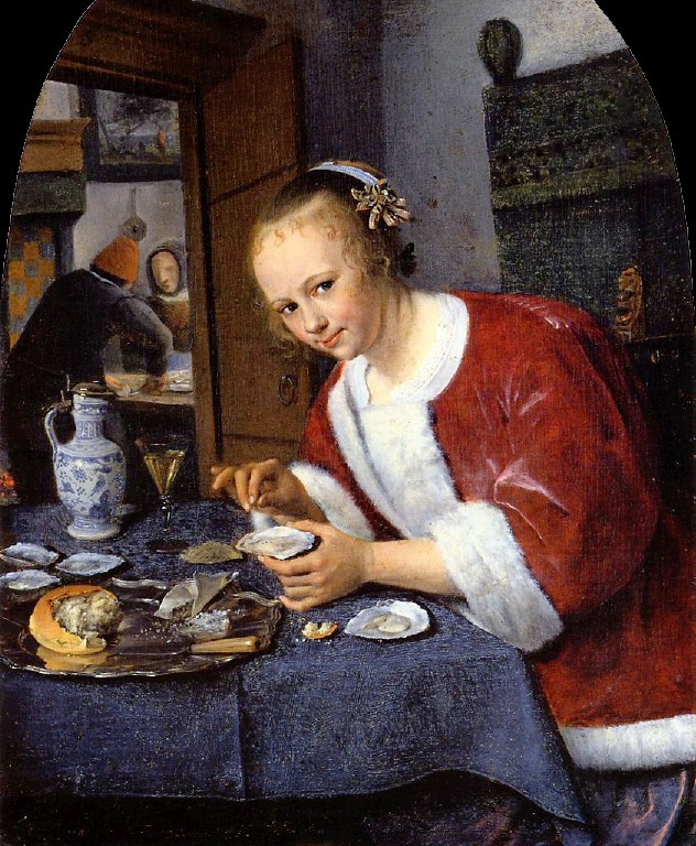 Девушка ест устриц