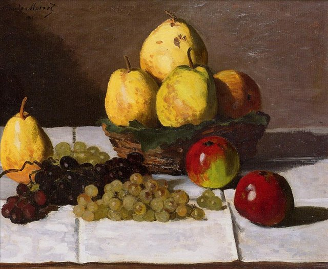 クロード・モネ、「NATURE MORTE, POIRES ET RAIAIN」 Claude Monet Nature morte aux poires et raisins, 1867 : Descriptif