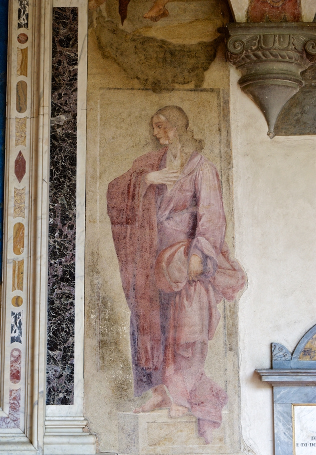 Saint Dominic bowing down to crucifixion. Fresco of the Monastery of San Marco, Florence