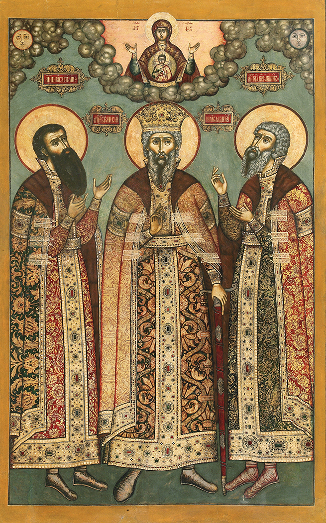 Icon Painting. Sv. Yaroslavl Kns. Basilio y Constantino y Príncipe. Vladimir frente al icono de Nuestra Señora de la Señal.