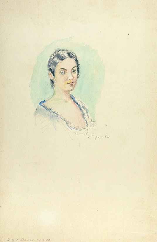 Konstantin Ivanovich Rudakov. Cabeza de mujer Ilustración del bosquejo Lápiz grafito 1940, blanco.