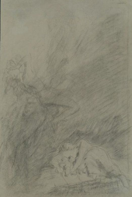 Nikolai Nikolaevich Ge. A woman with two children and falling angel. Sketch illustration for the story "What men live by"