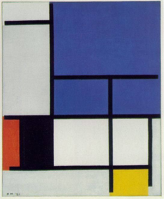 Composition with large blue plane, red, black, yellow and grey, 50