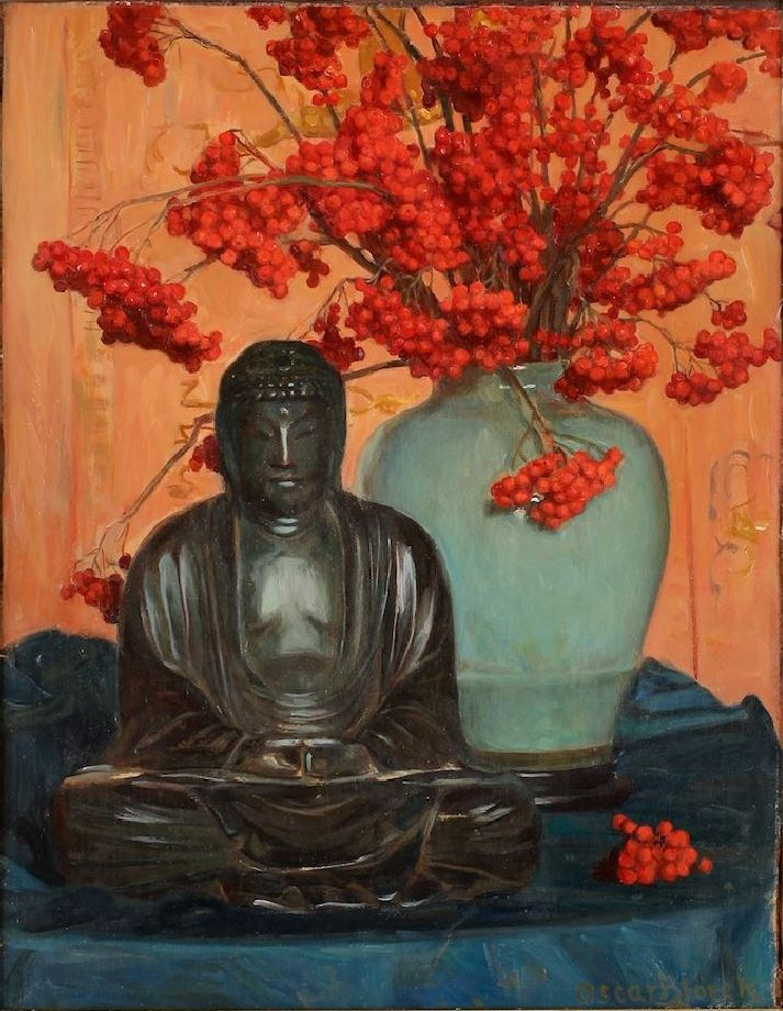 Oscar Gustav Bjork. Still life with Buddha statue and ash in a vase