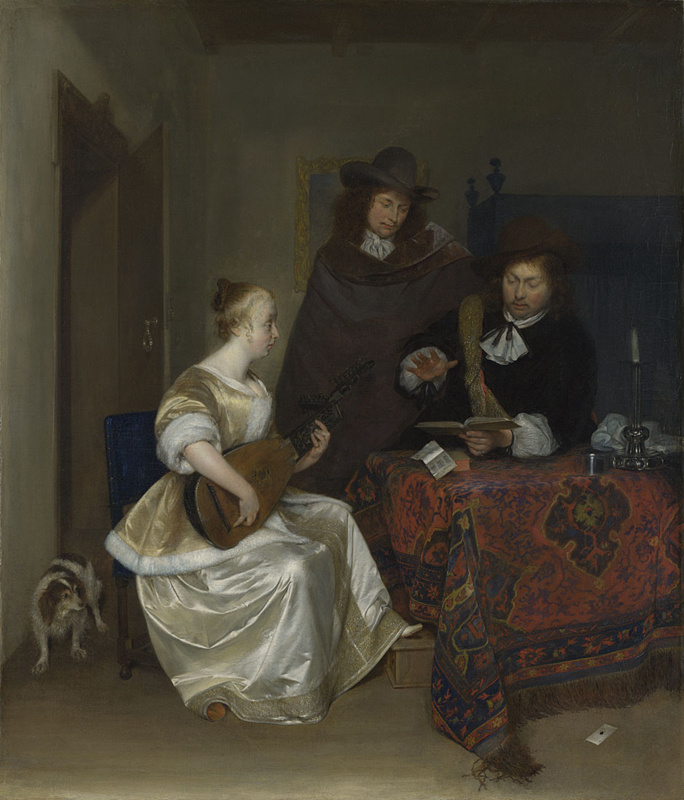 Woman playing a lute with two men